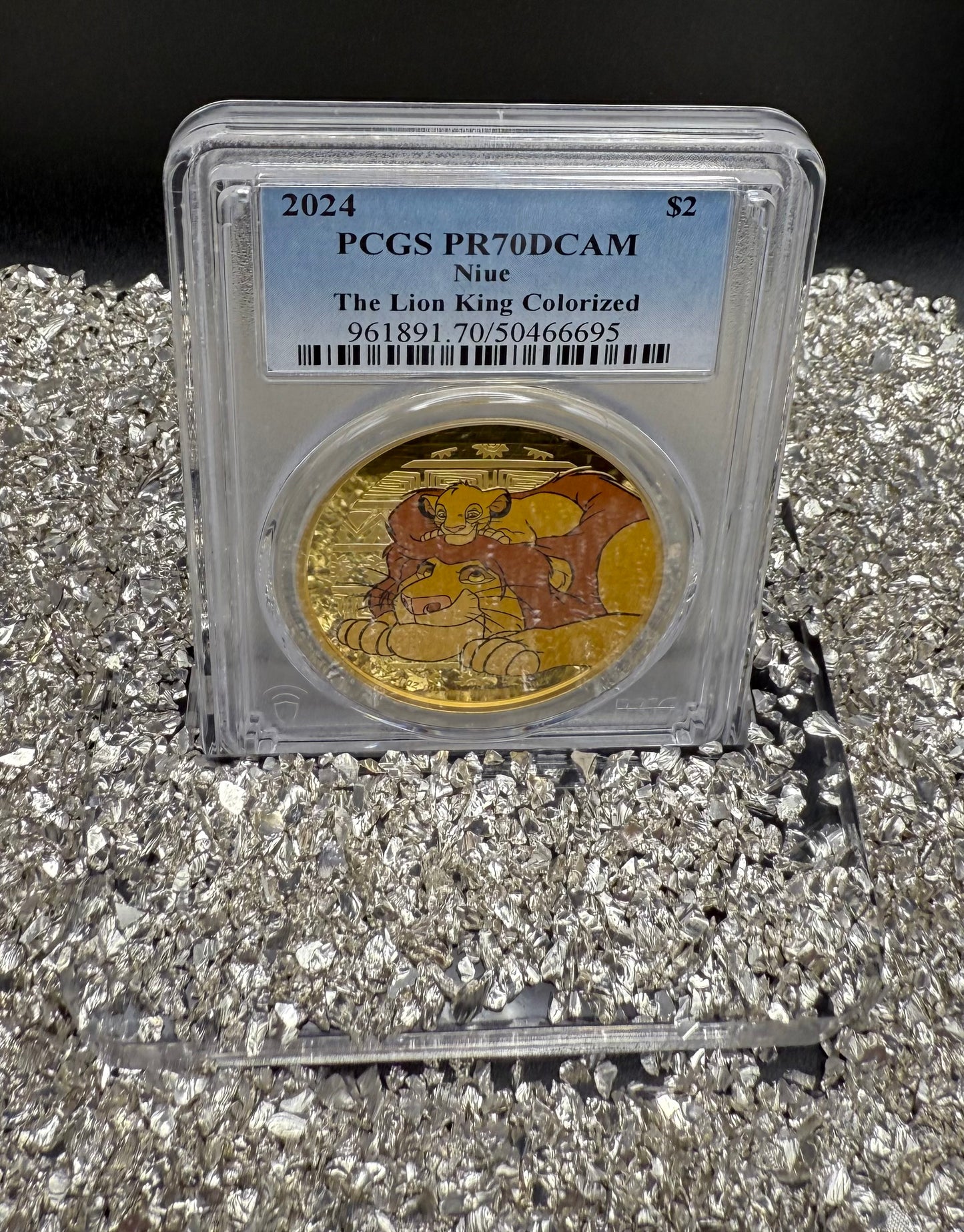 Proof 2024 Niue Silver $2 PCGS PR70DCAM NFC Tech Disney's Mufasa & Simba The Lion King Colorized Gilded Gold Blue Label (Rare 1 of 10)