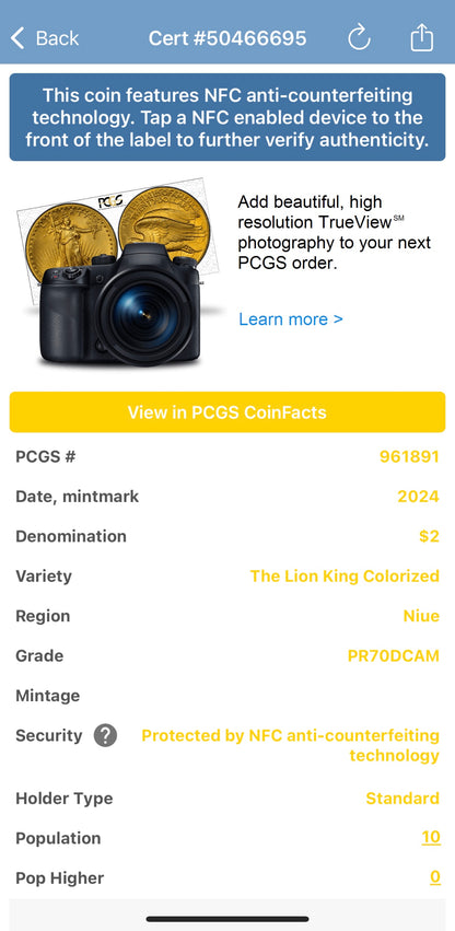 Proof 2024 Niue Silver $2 PCGS PR70DCAM NFC Tech Disney's Mufasa & Simba The Lion King Colorized Gilded Gold Blue Label (Rare 1 of 10)