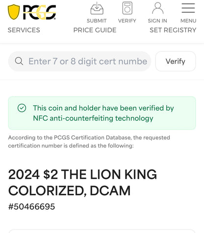 Proof 2024 Niue Silver $2 PCGS PR70DCAM NFC Tech Disney's Mufasa & Simba The Lion King Colorized Gilded Gold Blue Label (Rare 1 of 10)