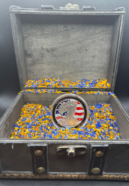 Colorized American Flag 2023 $1 American Silver Eagle Coin Brilliant Uncirculated Excellent Condition Satin Finish Includes New Capsule, COA & Wooden Treasure Box