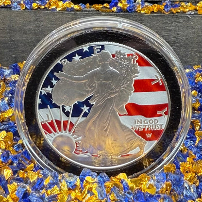 Colorized American Flag 2023 $1 American Silver Eagle Coin Brilliant Uncirculated Excellent Condition Satin Finish Includes New Capsule, COA & Wooden Treasure Box