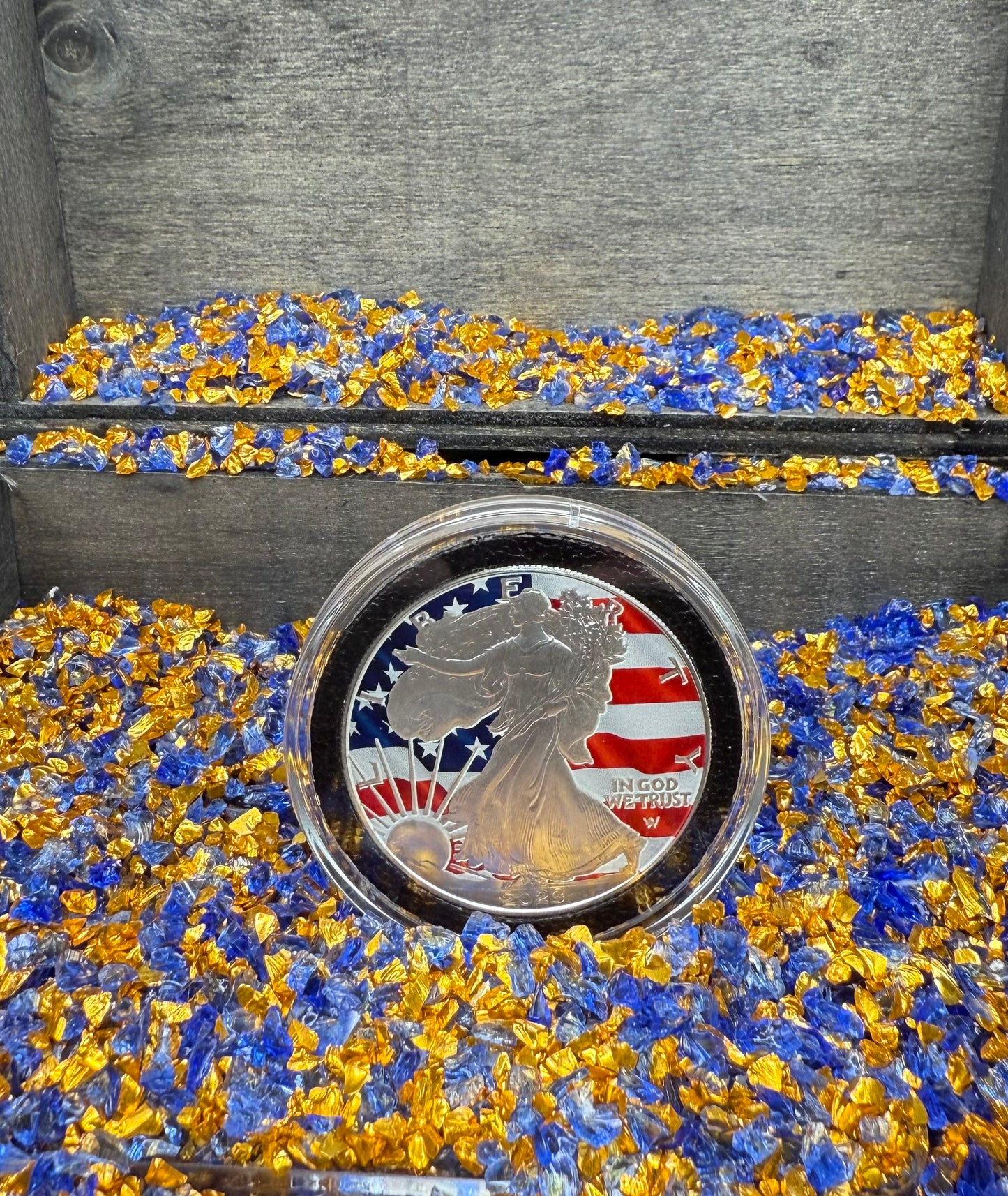 Colorized American Flag 2023 $1 American Silver Eagle Coin Brilliant Uncirculated Excellent Condition Satin Finish Includes New Capsule, COA & Wooden Treasure Box