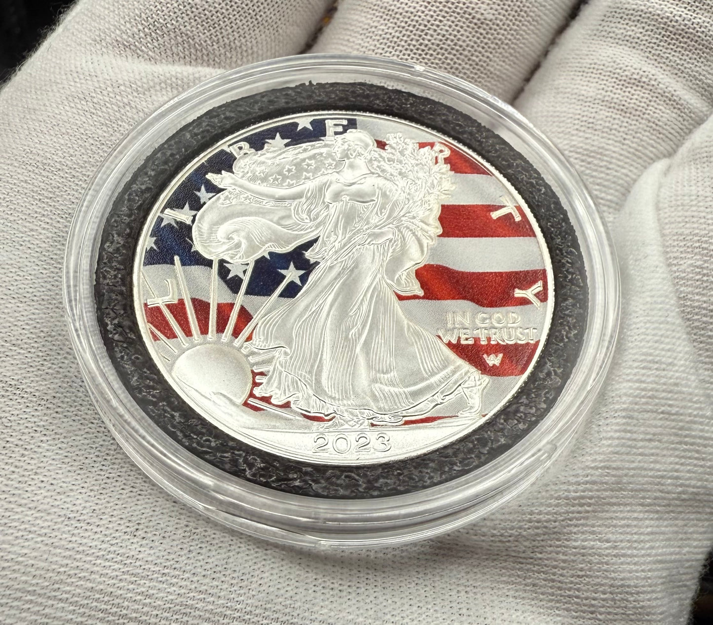Colorized American Flag 2023 $1 American Silver Eagle Coin Brilliant Uncirculated Excellent Condition Satin Finish Includes New Capsule, COA & Wooden Treasure Box