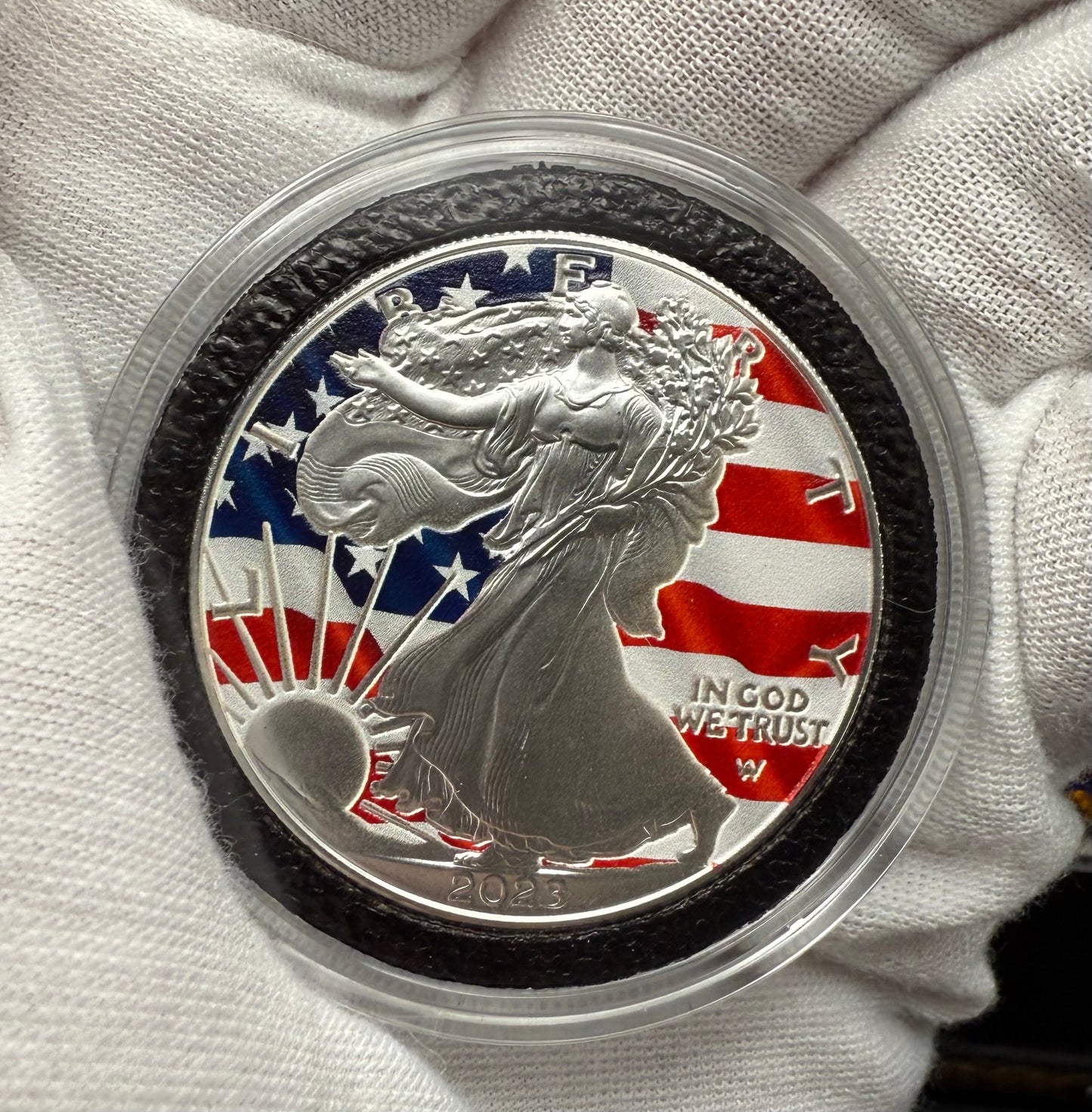 Colorized American Flag 2023 $1 American Silver Eagle Coin Brilliant Uncirculated Excellent Condition Satin Finish Includes New Capsule, COA & Wooden Treasure Box