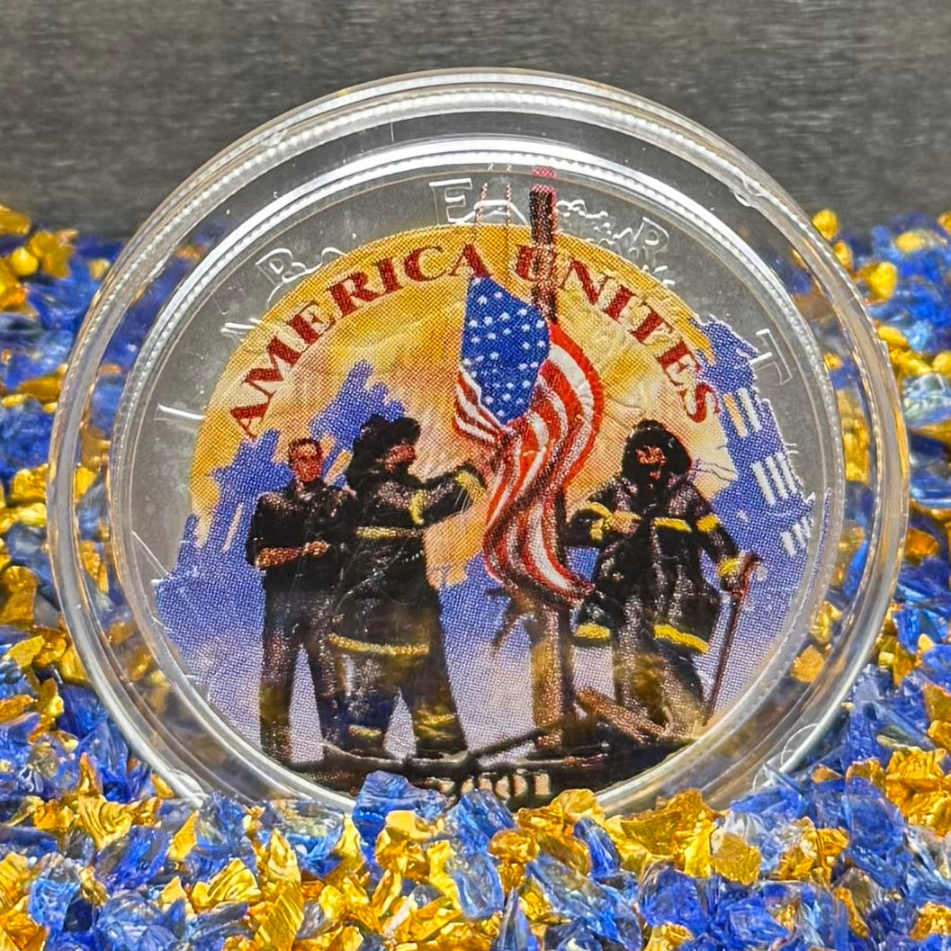 Colorized American Heroes September 11th 2001 $1 American Silver Eagle Coin Brilliant Uncirculated Excellent Condition Satin Finish Includes New Capsule, COA & Wooden Treasure Box
