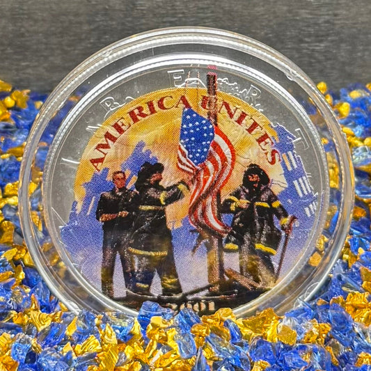 Colorized American Heroes September 11th 2001 $1 American Silver Eagle Coin Brilliant Uncirculated Excellent Condition Satin Finish Includes New Capsule, COA & Wooden Treasure Box