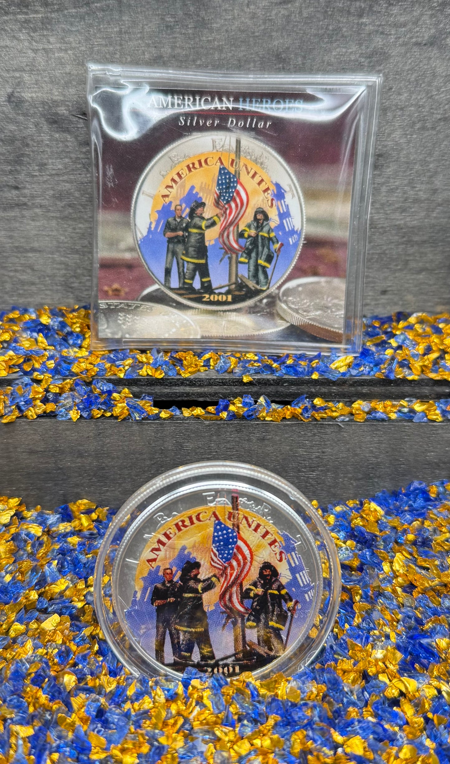 Colorized American Heroes September 11th 2001 $1 American Silver Eagle Coin Brilliant Uncirculated Excellent Condition Satin Finish Includes New Capsule, COA & Wooden Treasure Box