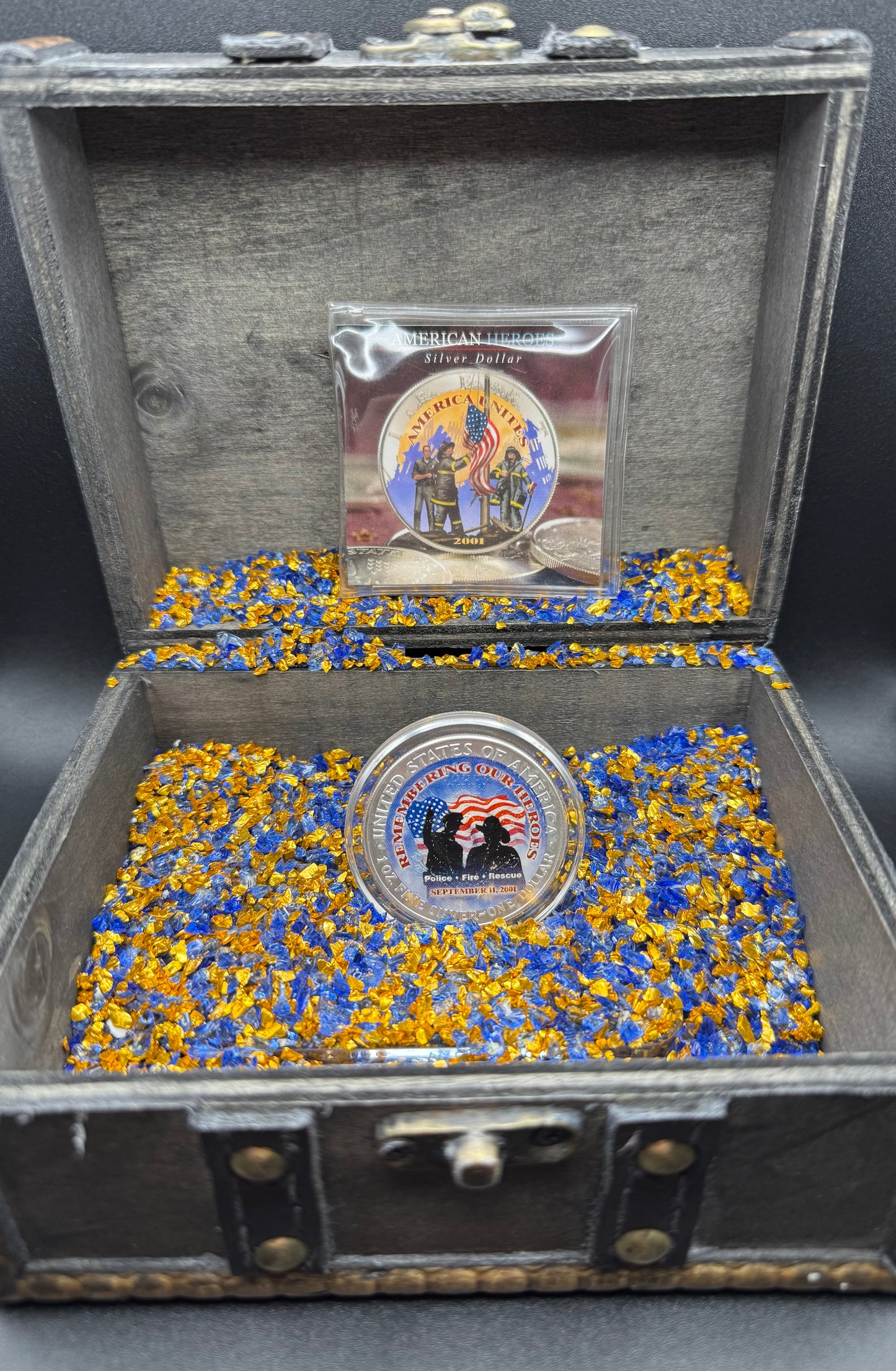 Colorized American Heroes September 11th 2001 $1 American Silver Eagle Coin Brilliant Uncirculated Excellent Condition Satin Finish Includes New Capsule, COA & Wooden Treasure Box