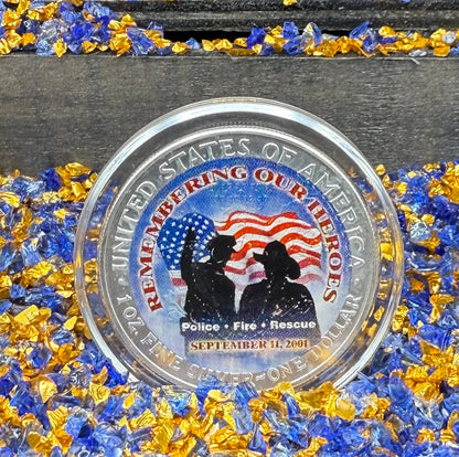 Colorized American Heroes September 11th 2001 $1 American Silver Eagle Coin Brilliant Uncirculated Excellent Condition Satin Finish Includes New Capsule, COA & Wooden Treasure Box