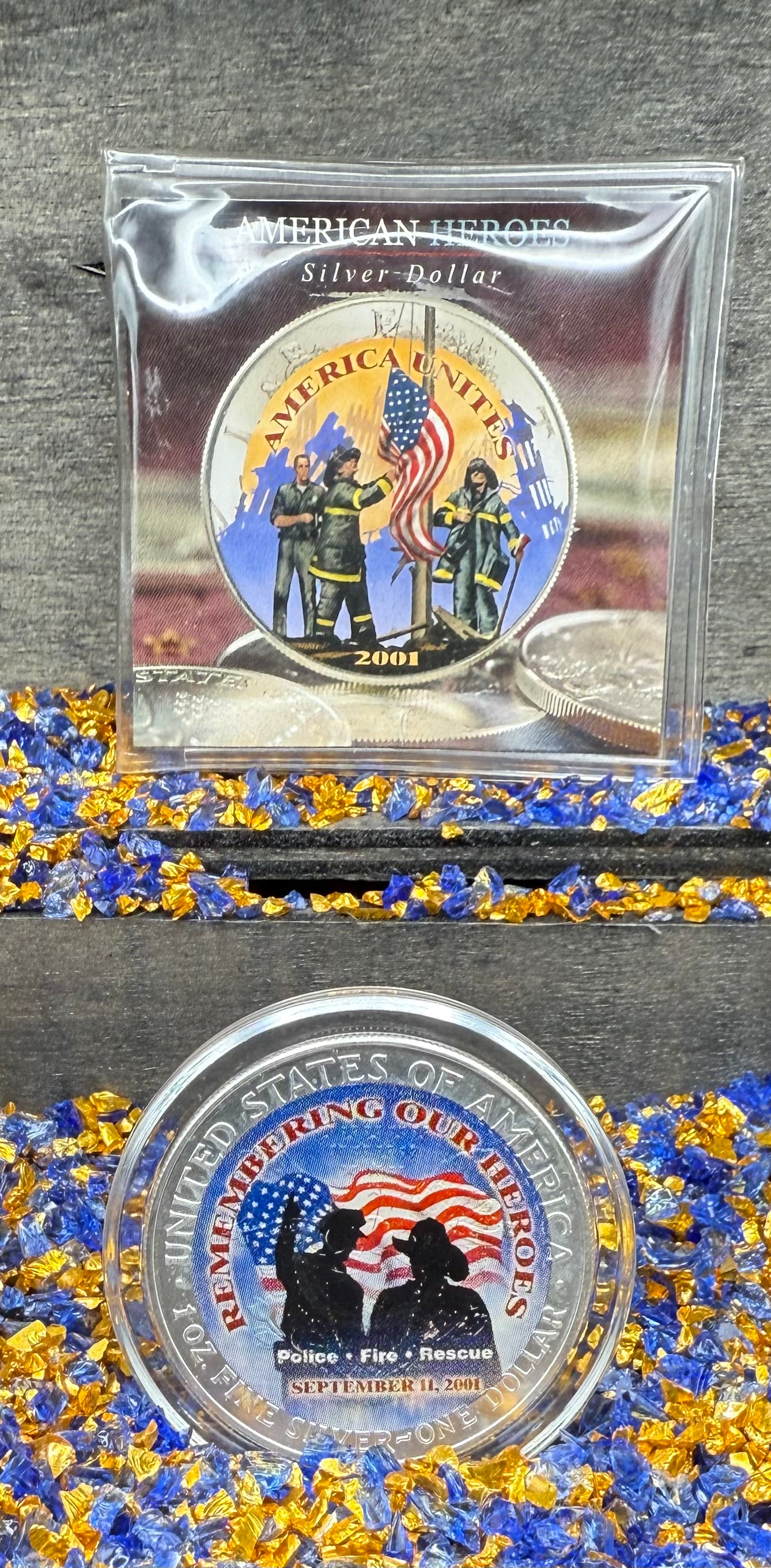 Colorized American Heroes September 11th 2001 $1 American Silver Eagle Coin Brilliant Uncirculated Excellent Condition Satin Finish Includes New Capsule, COA & Wooden Treasure Box