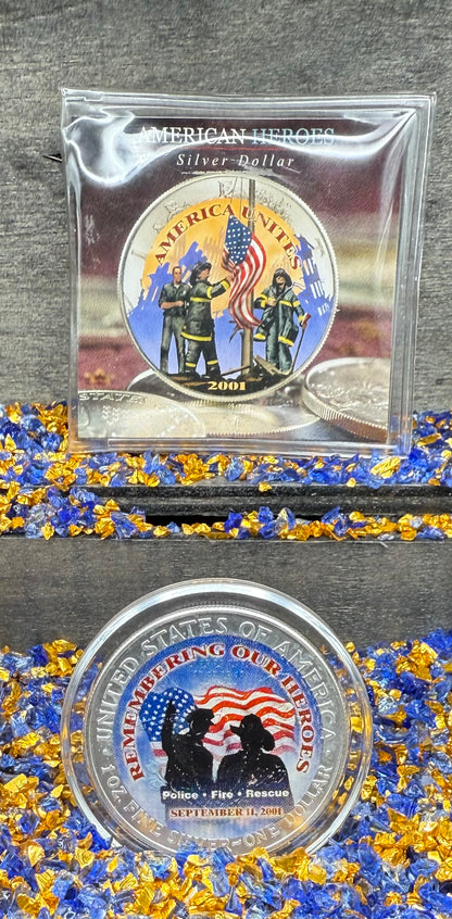 Colorized American Heroes September 11th 2001 $1 American Silver Eagle Coin Brilliant Uncirculated Excellent Condition Satin Finish Includes New Capsule, COA & Wooden Treasure Box