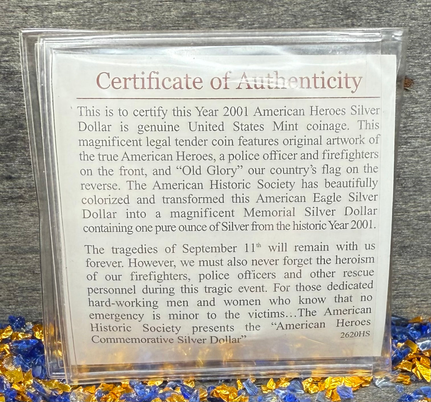 Colorized American Heroes September 11th 2001 $1 American Silver Eagle Coin Brilliant Uncirculated Excellent Condition Satin Finish Includes New Capsule, COA & Wooden Treasure Box