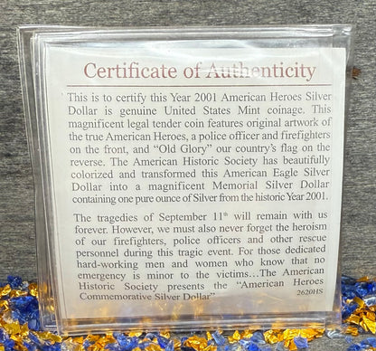 Colorized American Heroes September 11th 2001 $1 American Silver Eagle Coin Brilliant Uncirculated Excellent Condition Satin Finish Includes New Capsule, COA & Wooden Treasure Box