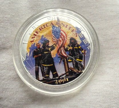 Colorized American Heroes September 11th 2001 $1 American Silver Eagle Coin Brilliant Uncirculated Excellent Condition Satin Finish Includes New Capsule, COA & Wooden Treasure Box