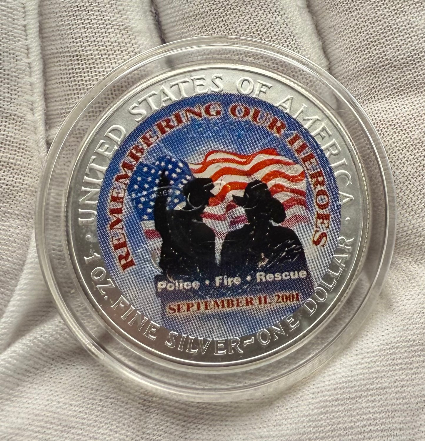 Colorized American Heroes September 11th 2001 $1 American Silver Eagle Coin Brilliant Uncirculated Excellent Condition Satin Finish Includes New Capsule, COA & Wooden Treasure Box