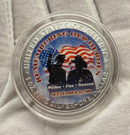 Colorized American Heroes September 11th 2001 $1 American Silver Eagle Coin Brilliant Uncirculated Excellent Condition Satin Finish Includes New Capsule, COA & Wooden Treasure Box