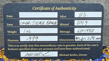 Colorized 4th of July Fireworks Gold Gilded Lady Liberty 2019 $1 American Silver Eagle Coin Brilliant Uncirculated Excellent Condition Satin Finish Includes New Capsule, COA, Littleton Box & Wooden Treasure Box