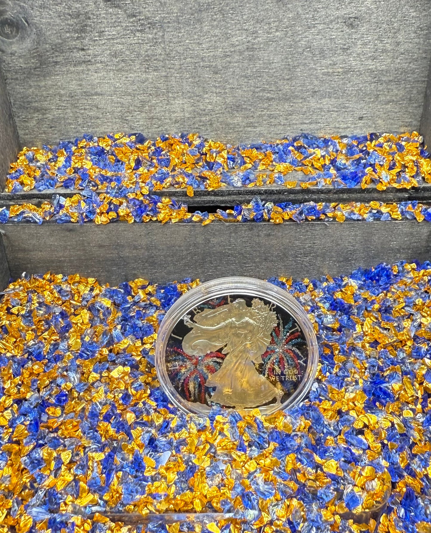 Colorized 4th of July Fireworks Gold Gilded Lady Liberty 2019 $1 American Silver Eagle Coin Brilliant Uncirculated Excellent Condition Satin Finish Includes New Capsule, COA, Littleton Box & Wooden Treasure Box