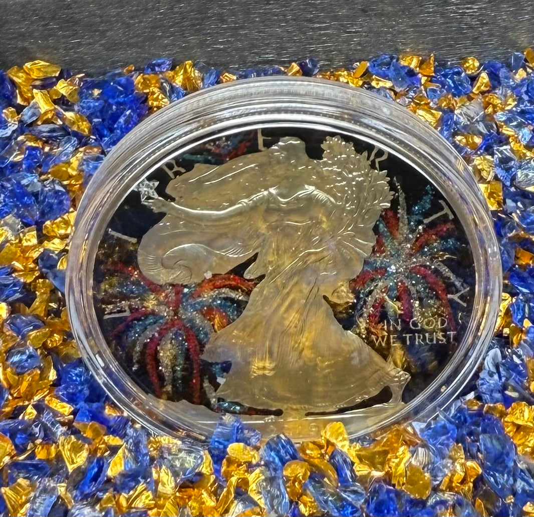 Colorized 4th of July Fireworks Gold Gilded Lady Liberty 2019 $1 American Silver Eagle Coin Brilliant Uncirculated Excellent Condition Satin Finish Includes New Capsule, COA, Littleton Box & Wooden Treasure Box