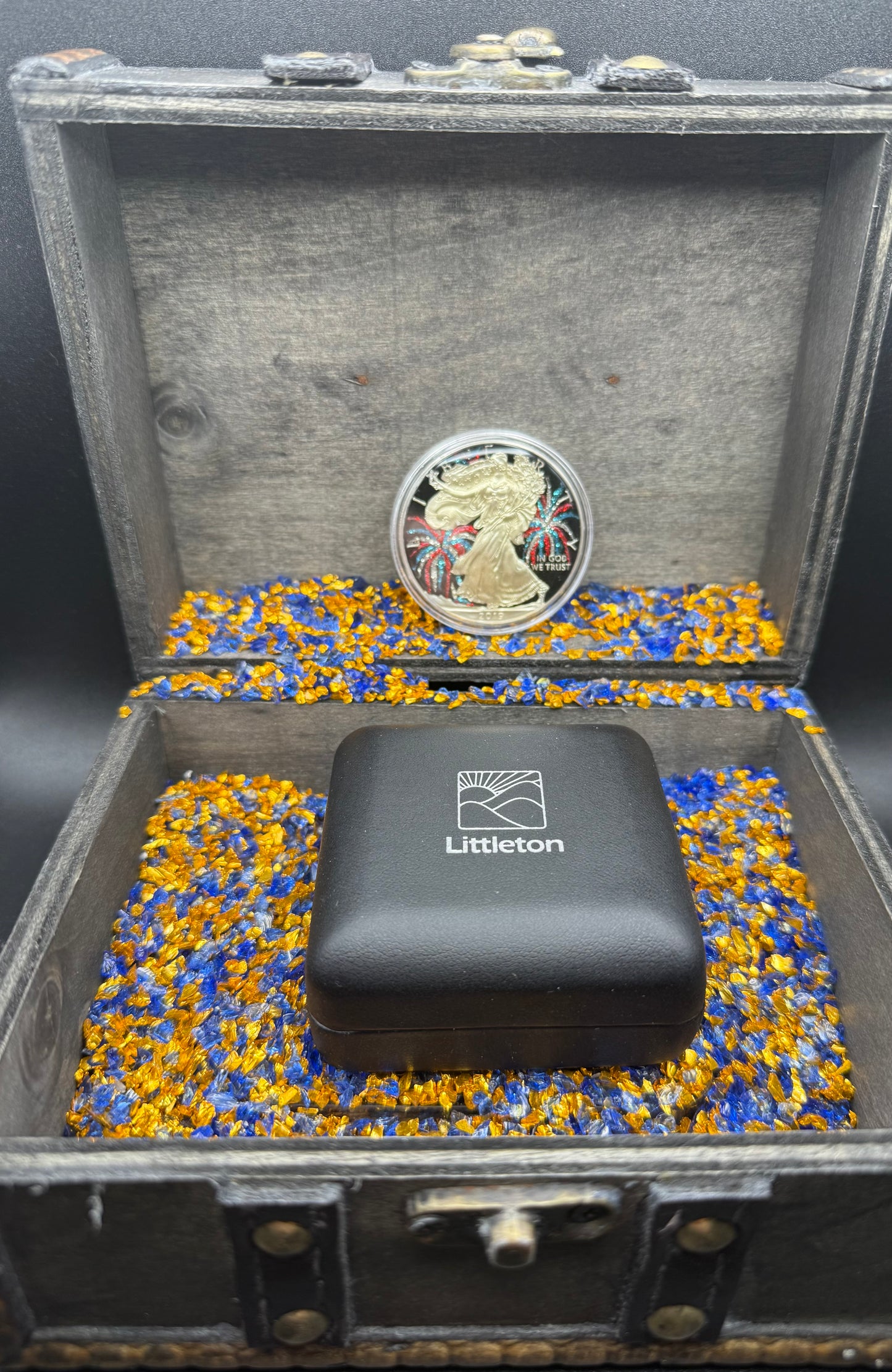 Colorized 4th of July Fireworks Gold Gilded Lady Liberty 2019 $1 American Silver Eagle Coin Brilliant Uncirculated Excellent Condition Satin Finish Includes New Capsule, COA, Littleton Box & Wooden Treasure Box