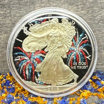 Colorized 4th of July Fireworks Gold Gilded Lady Liberty 2019 $1 American Silver Eagle Coin Brilliant Uncirculated Excellent Condition Satin Finish Includes New Capsule, COA, Littleton Box & Wooden Treasure Box