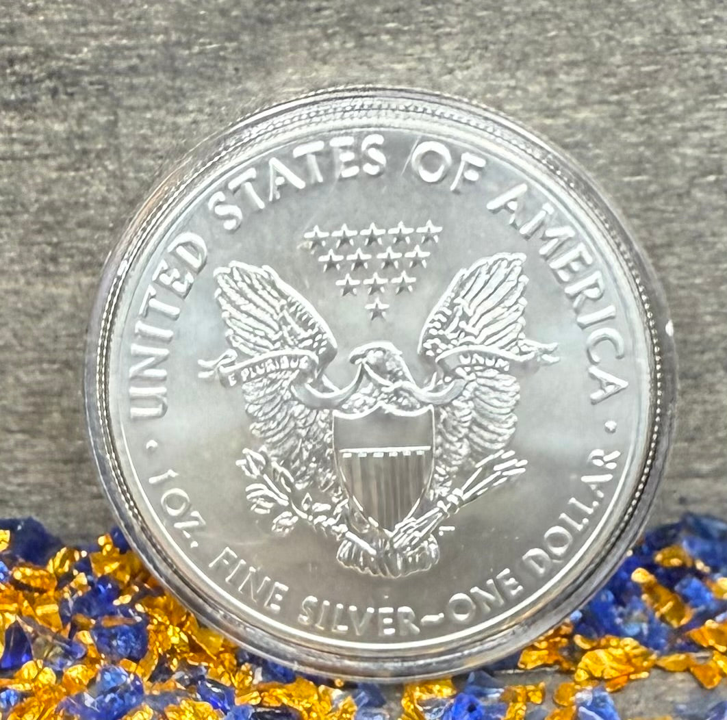 Colorized 4th of July Fireworks Gold Gilded Lady Liberty 2019 $1 American Silver Eagle Coin Brilliant Uncirculated Excellent Condition Satin Finish Includes New Capsule, COA, Littleton Box & Wooden Treasure Box