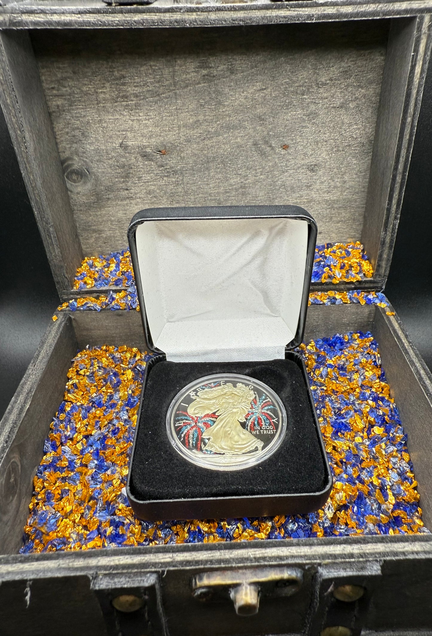 Colorized 4th of July Fireworks Gold Gilded Lady Liberty 2019 $1 American Silver Eagle Coin Brilliant Uncirculated Excellent Condition Satin Finish Includes New Capsule, COA, Littleton Box & Wooden Treasure Box