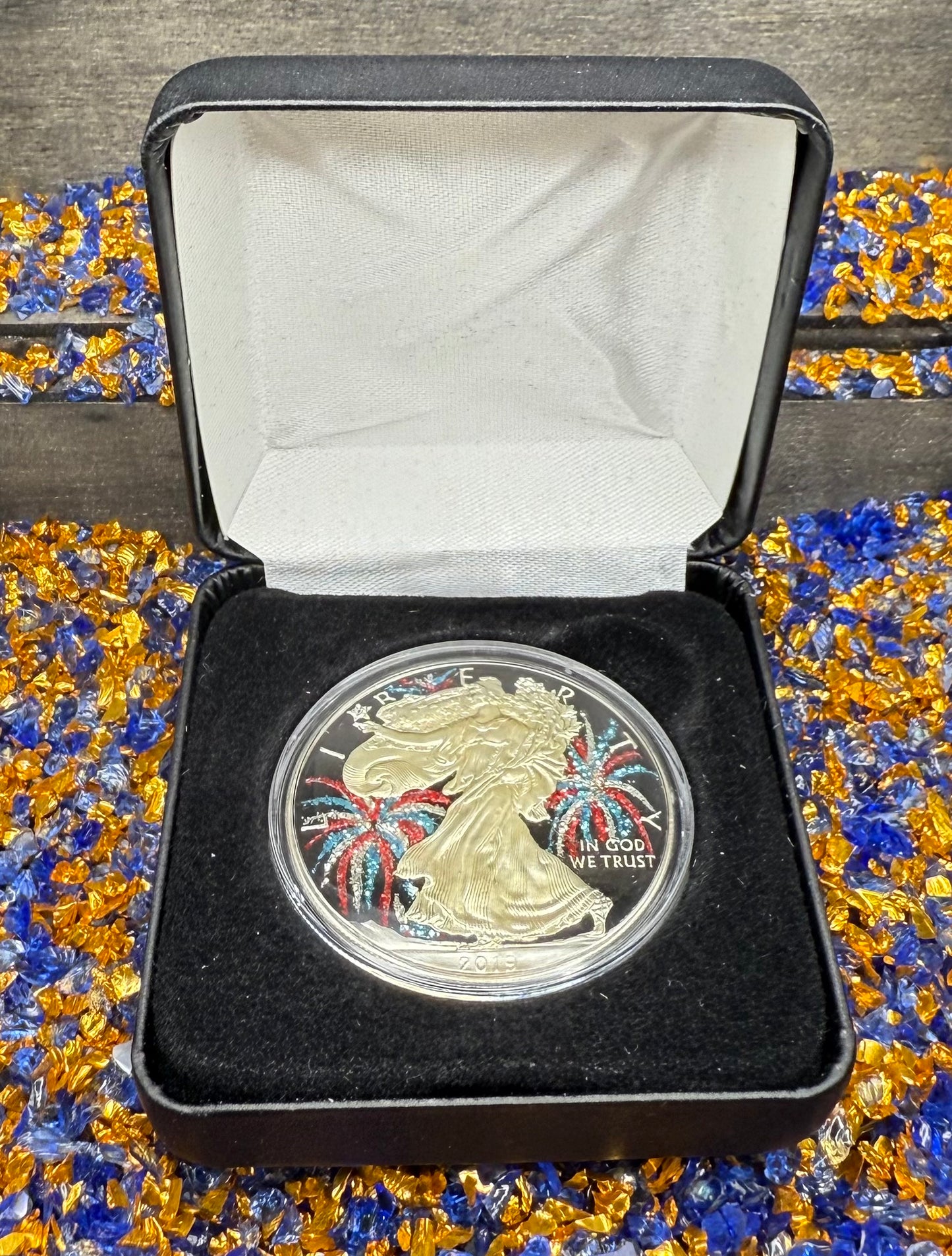 Colorized 4th of July Fireworks Gold Gilded Lady Liberty 2019 $1 American Silver Eagle Coin Brilliant Uncirculated Excellent Condition Satin Finish Includes New Capsule, COA, Littleton Box & Wooden Treasure Box