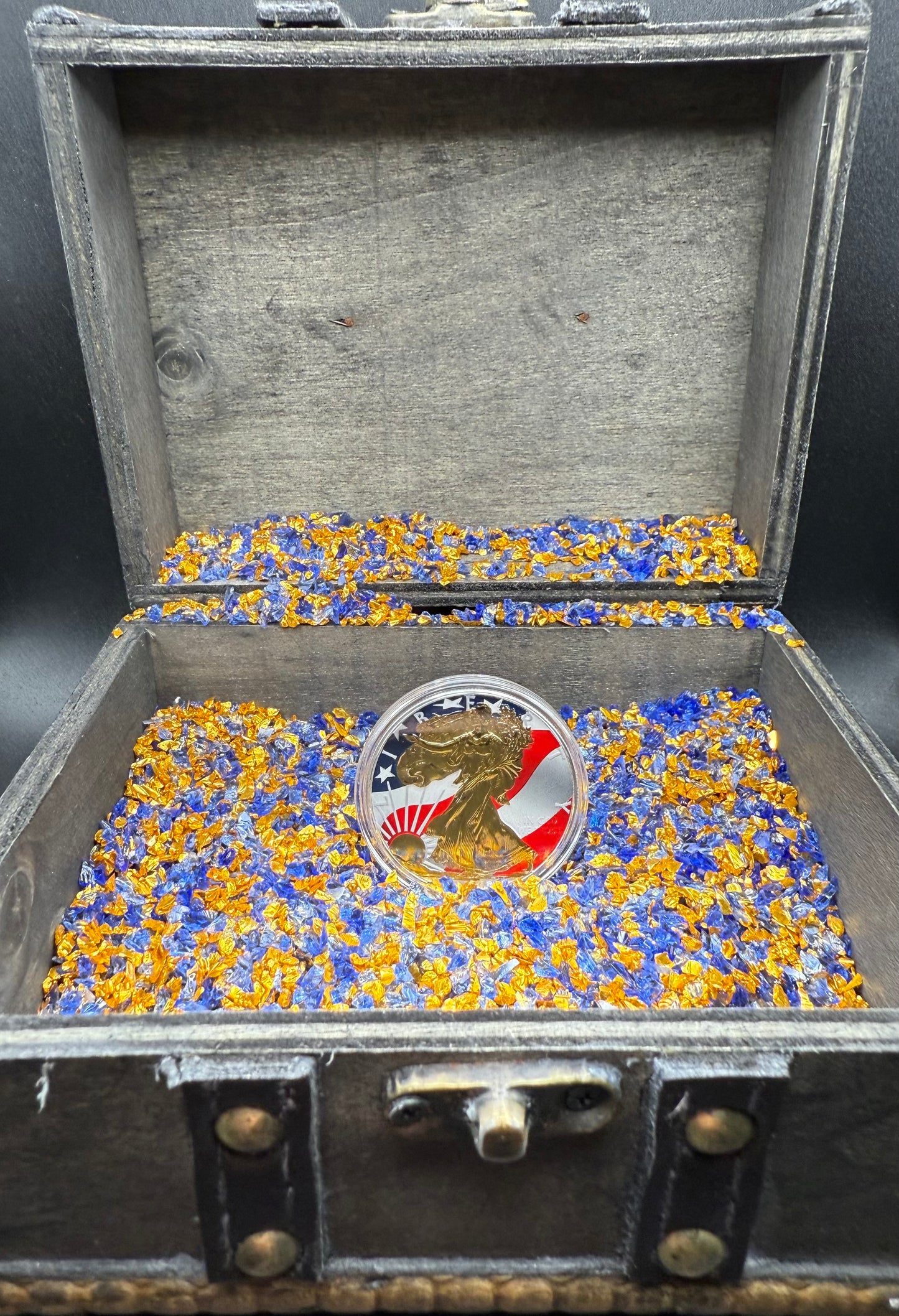 Colorized Gold Gilded Lady Liberty 2020 $1 American Silver Eagle Coin Brilliant Uncirculated Excellent Condition Satin Finish Includes New Capsule, COA, Littleton Box & Wooden Treasure Box