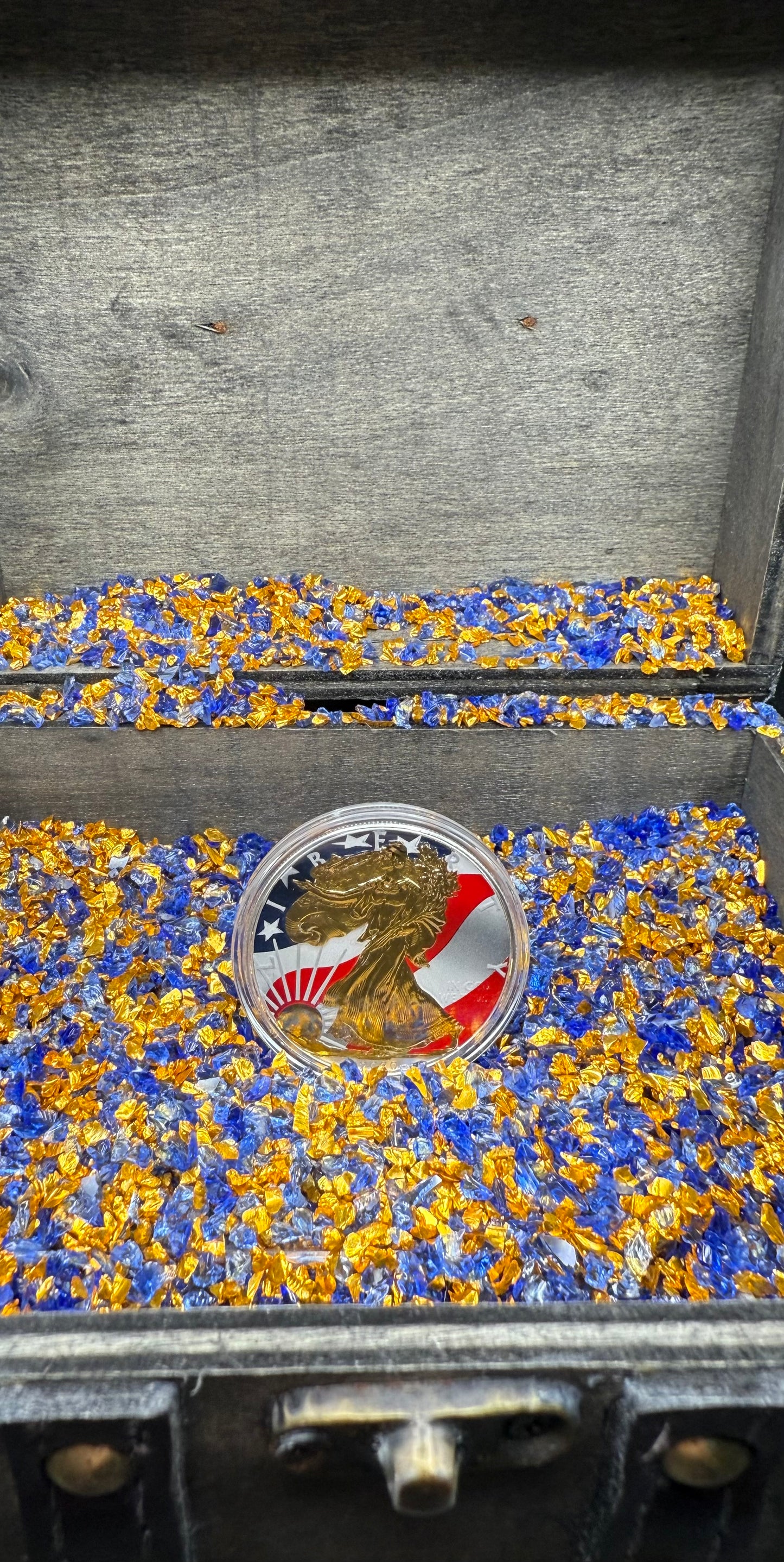 Colorized Gold Gilded Lady Liberty 2020 $1 American Silver Eagle Coin Brilliant Uncirculated Excellent Condition Satin Finish Includes New Capsule, COA, Littleton Box & Wooden Treasure Box