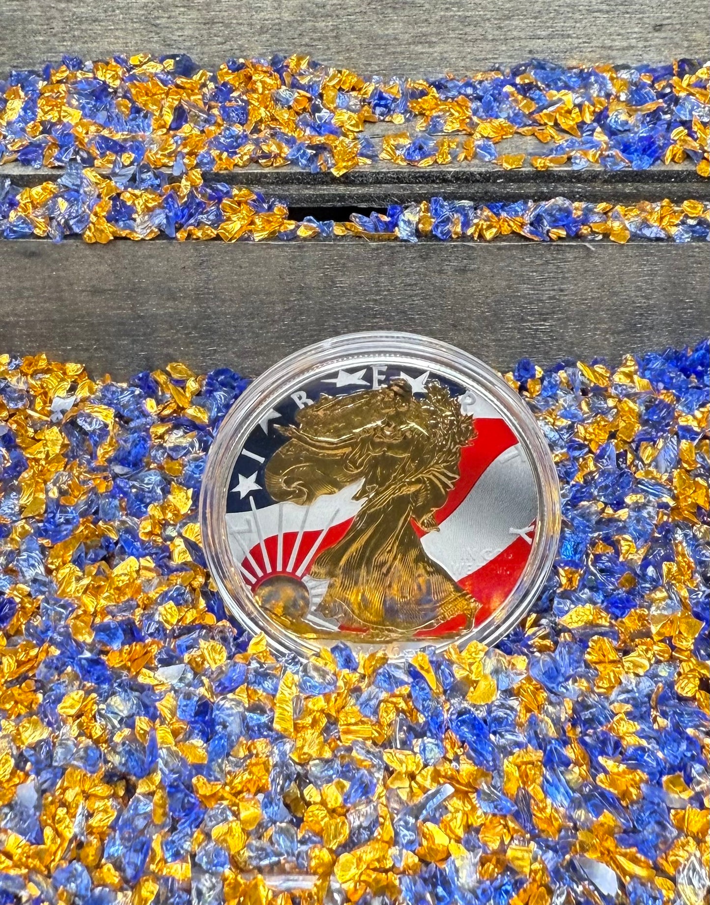 Colorized Gold Gilded Lady Liberty 2020 $1 American Silver Eagle Coin Brilliant Uncirculated Excellent Condition Satin Finish Includes New Capsule, COA, Littleton Box & Wooden Treasure Box