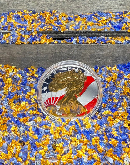 Colorized Gold Gilded Lady Liberty 2020 $1 American Silver Eagle Coin Brilliant Uncirculated Excellent Condition Satin Finish Includes New Capsule, COA, Littleton Box & Wooden Treasure Box