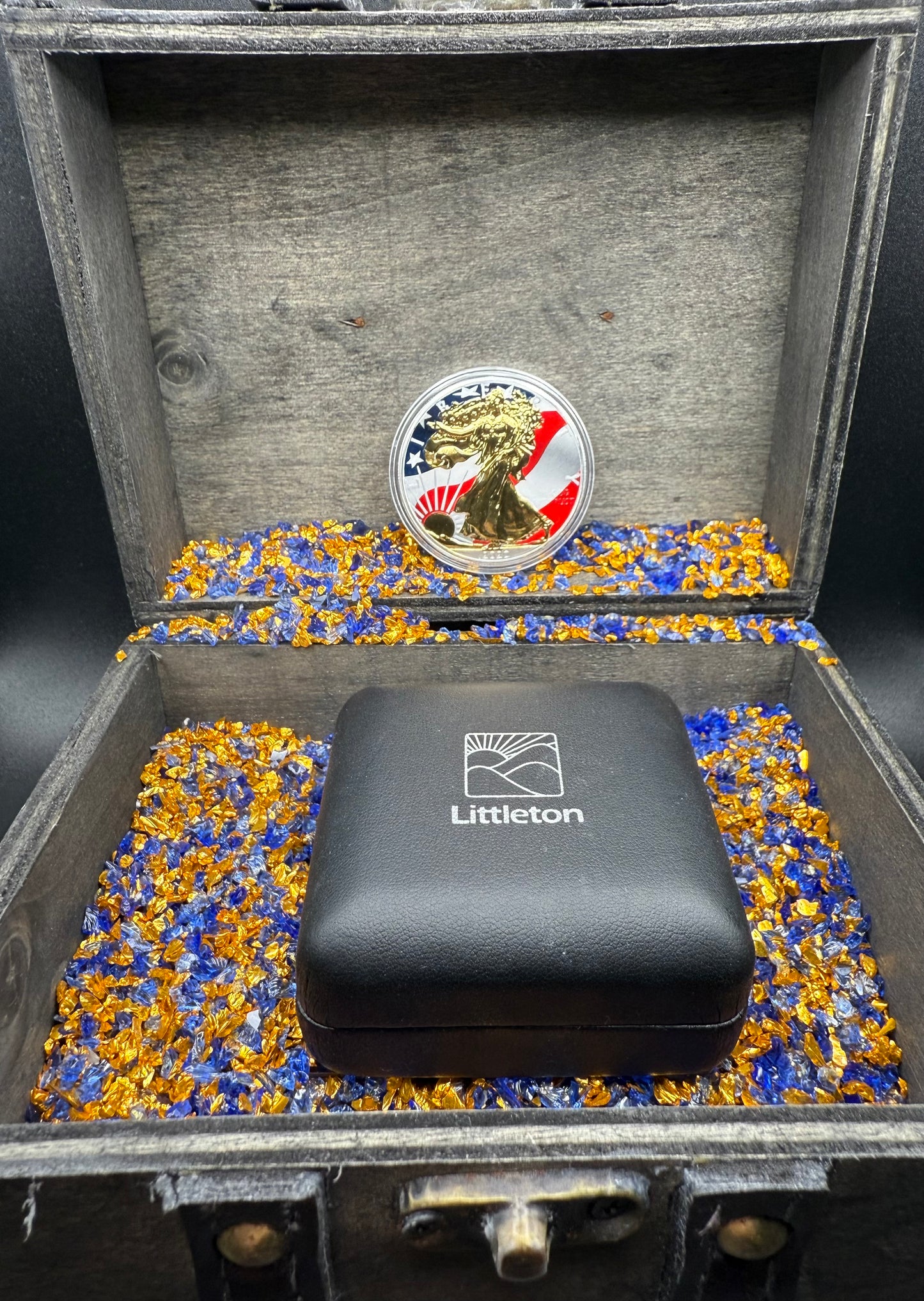 Colorized Gold Gilded Lady Liberty 2020 $1 American Silver Eagle Coin Brilliant Uncirculated Excellent Condition Satin Finish Includes New Capsule, COA, Littleton Box & Wooden Treasure Box