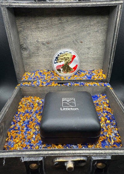 Colorized Gold Gilded Lady Liberty 2020 $1 American Silver Eagle Coin Brilliant Uncirculated Excellent Condition Satin Finish Includes New Capsule, COA, Littleton Box & Wooden Treasure Box
