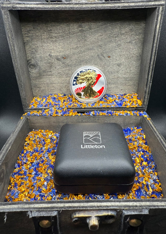 Colorized Gold Gilded Lady Liberty 2020 $1 American Silver Eagle Coin Brilliant Uncirculated Excellent Condition Satin Finish Includes New Capsule, COA, Littleton Box & Wooden Treasure Box