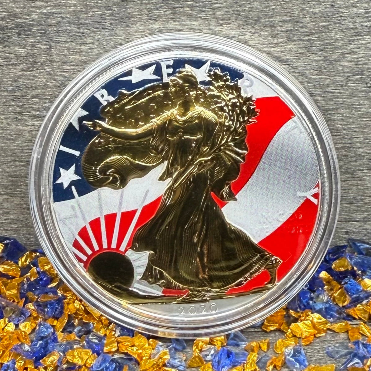 Colorized Gold Gilded Lady Liberty 2020 $1 American Silver Eagle Coin Brilliant Uncirculated Excellent Condition Satin Finish Includes New Capsule, COA, Littleton Box & Wooden Treasure Box
