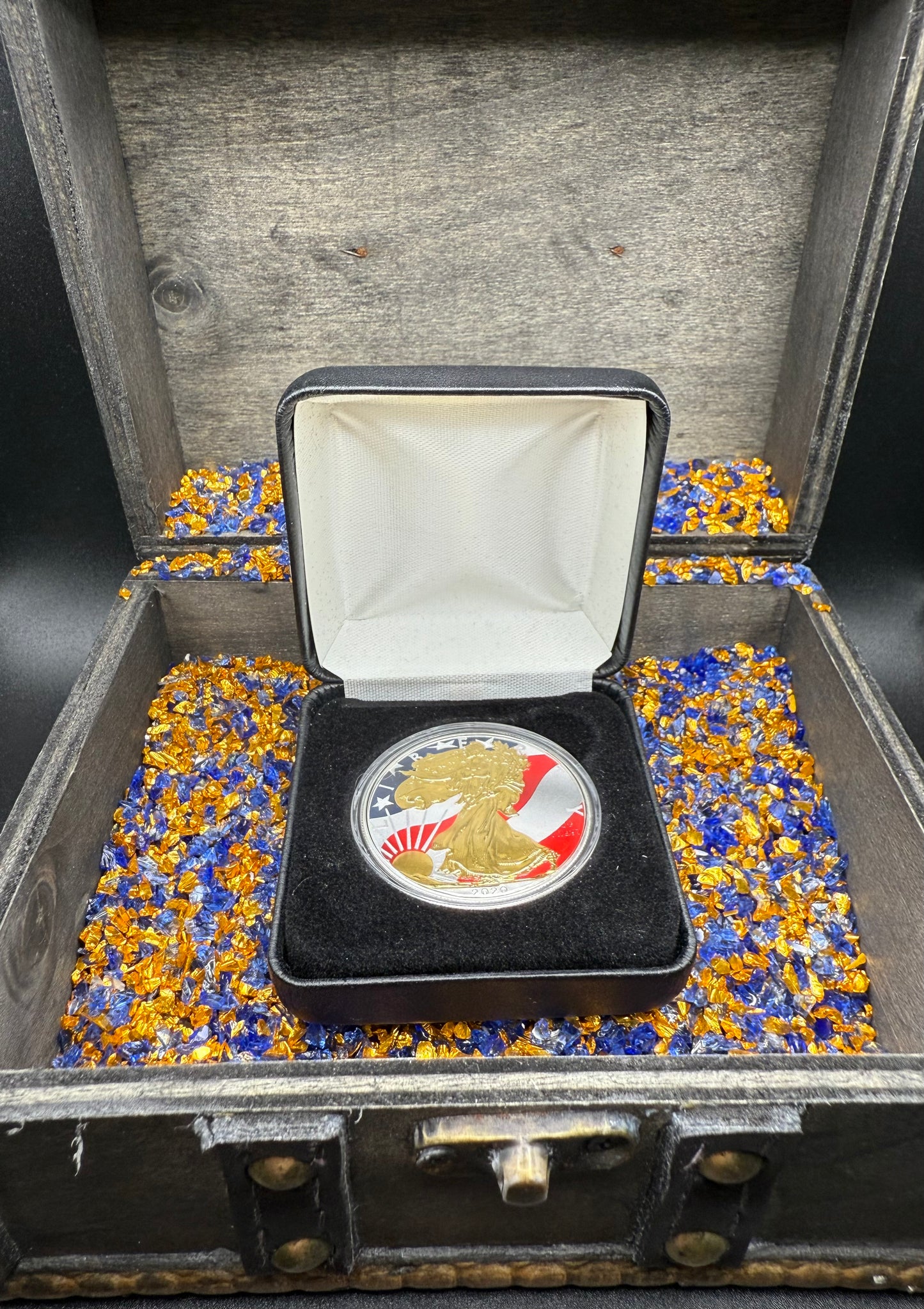 Colorized Gold Gilded Lady Liberty 2020 $1 American Silver Eagle Coin Brilliant Uncirculated Excellent Condition Satin Finish Includes New Capsule, COA, Littleton Box & Wooden Treasure Box