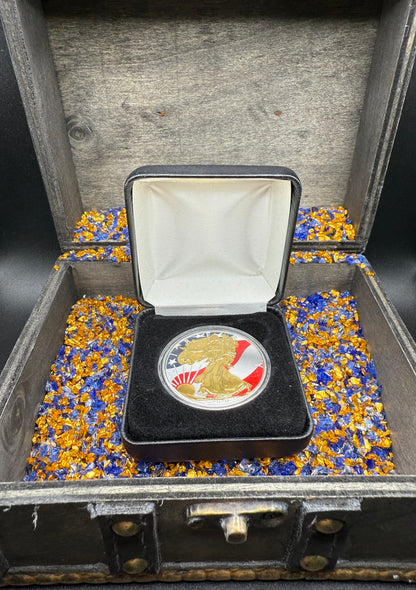 Colorized Gold Gilded Lady Liberty 2020 $1 American Silver Eagle Coin Brilliant Uncirculated Excellent Condition Satin Finish Includes New Capsule, COA, Littleton Box & Wooden Treasure Box