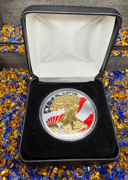Colorized Gold Gilded Lady Liberty 2020 $1 American Silver Eagle Coin Brilliant Uncirculated Excellent Condition Satin Finish Includes New Capsule, COA, Littleton Box & Wooden Treasure Box