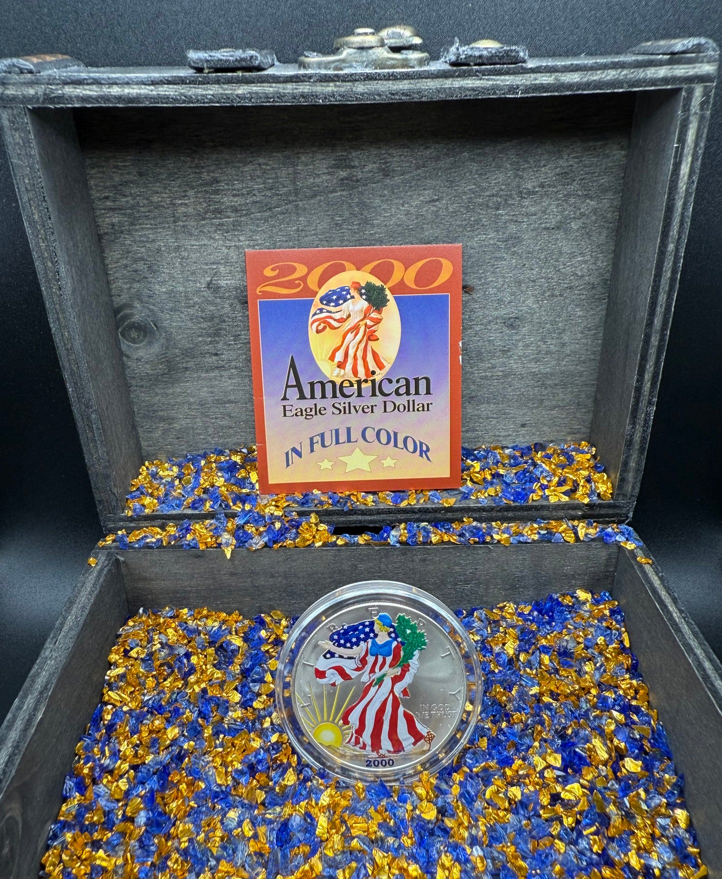 Colorized Hand Painted 2000 $1 American Silver Eagle Coin Brilliant Uncirculated Excellent Condition Satin Finish Includes New Capsule, COA, Coin Box & Wooden Treasure Box