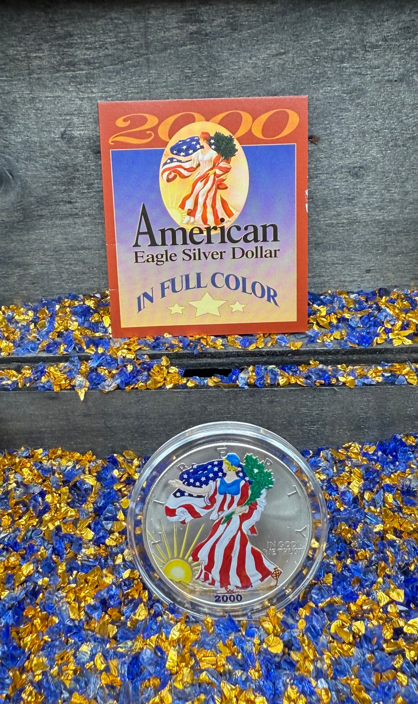 Colorized Hand Painted 2000 $1 American Silver Eagle Coin Brilliant Uncirculated Excellent Condition Satin Finish Includes New Capsule, COA, Coin Box & Wooden Treasure Box