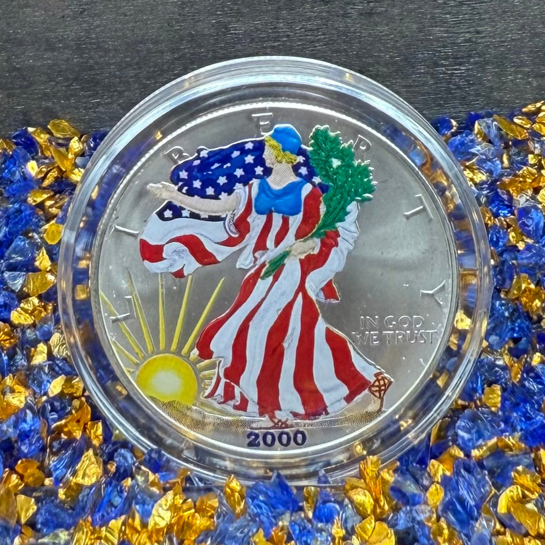 Colorized Hand Painted 2000 $1 American Silver Eagle Coin Brilliant Uncirculated Excellent Condition Satin Finish Includes New Capsule, COA, Coin Box & Wooden Treasure Box