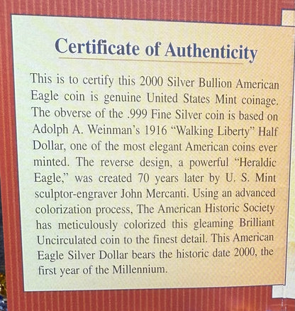 Colorized Hand Painted 2000 $1 American Silver Eagle Coin Brilliant Uncirculated Excellent Condition Satin Finish Includes New Capsule, COA, Coin Box & Wooden Treasure Box