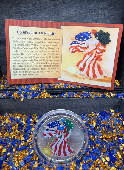 Colorized Hand Painted 2000 $1 American Silver Eagle Coin Brilliant Uncirculated Excellent Condition Satin Finish Includes New Capsule, COA, Coin Box & Wooden Treasure Box