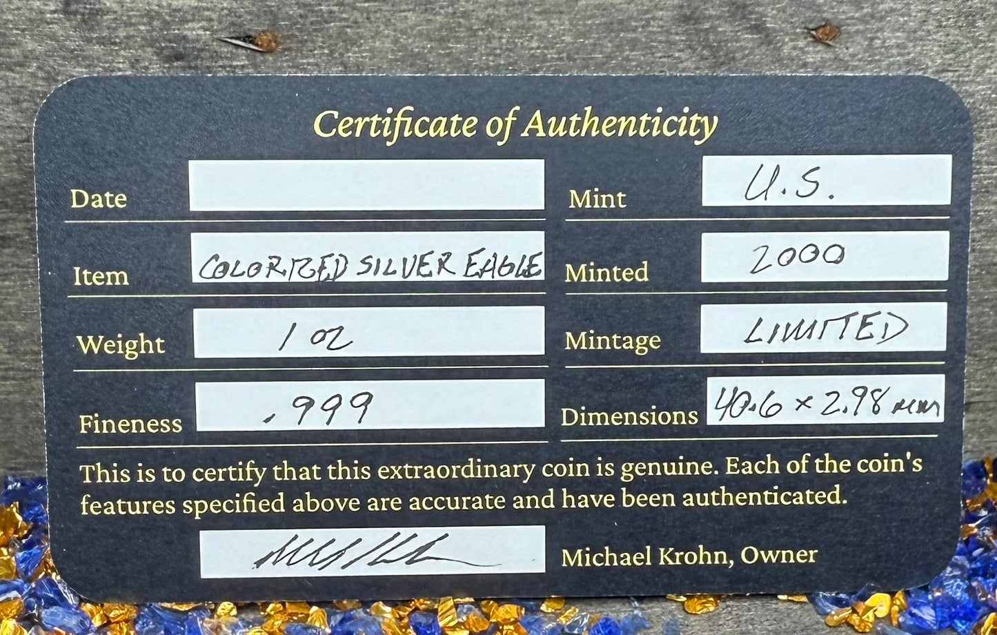 Colorized Hand Painted 2000 $1 American Silver Eagle Coin Brilliant Uncirculated Excellent Condition Satin Finish Includes New Capsule, COA, Coin Box & Wooden Treasure Box