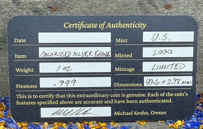 Colorized Hand Painted 2000 $1 American Silver Eagle Coin Brilliant Uncirculated Excellent Condition Satin Finish Includes New Capsule, COA, Coin Box & Wooden Treasure Box