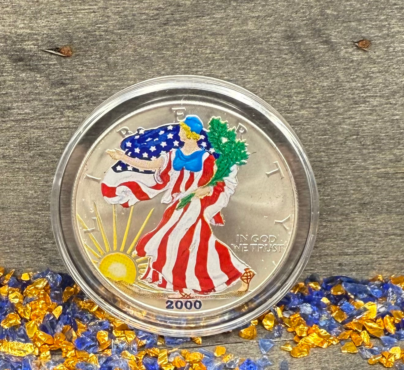 Colorized Hand Painted 2000 $1 American Silver Eagle Coin Brilliant Uncirculated Excellent Condition Satin Finish Includes New Capsule, COA, Coin Box & Wooden Treasure Box