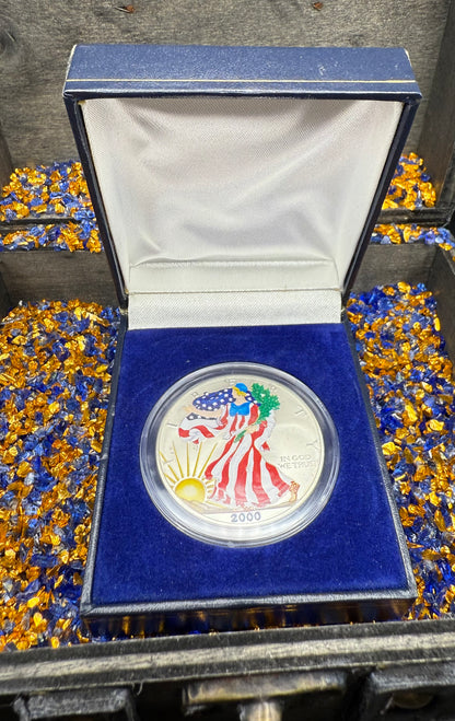Colorized Hand Painted 2000 $1 American Silver Eagle Coin Brilliant Uncirculated Excellent Condition Satin Finish Includes New Capsule, COA, Coin Box & Wooden Treasure Box