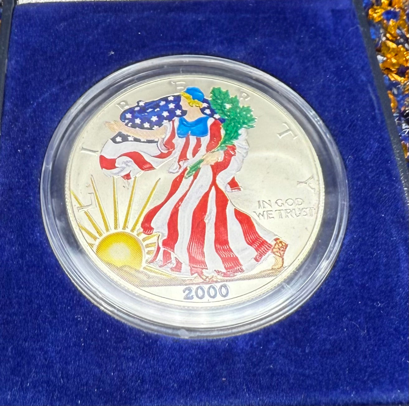 Colorized Hand Painted 2000 $1 American Silver Eagle Coin Brilliant Uncirculated Excellent Condition Satin Finish Includes New Capsule, COA, Coin Box & Wooden Treasure Box