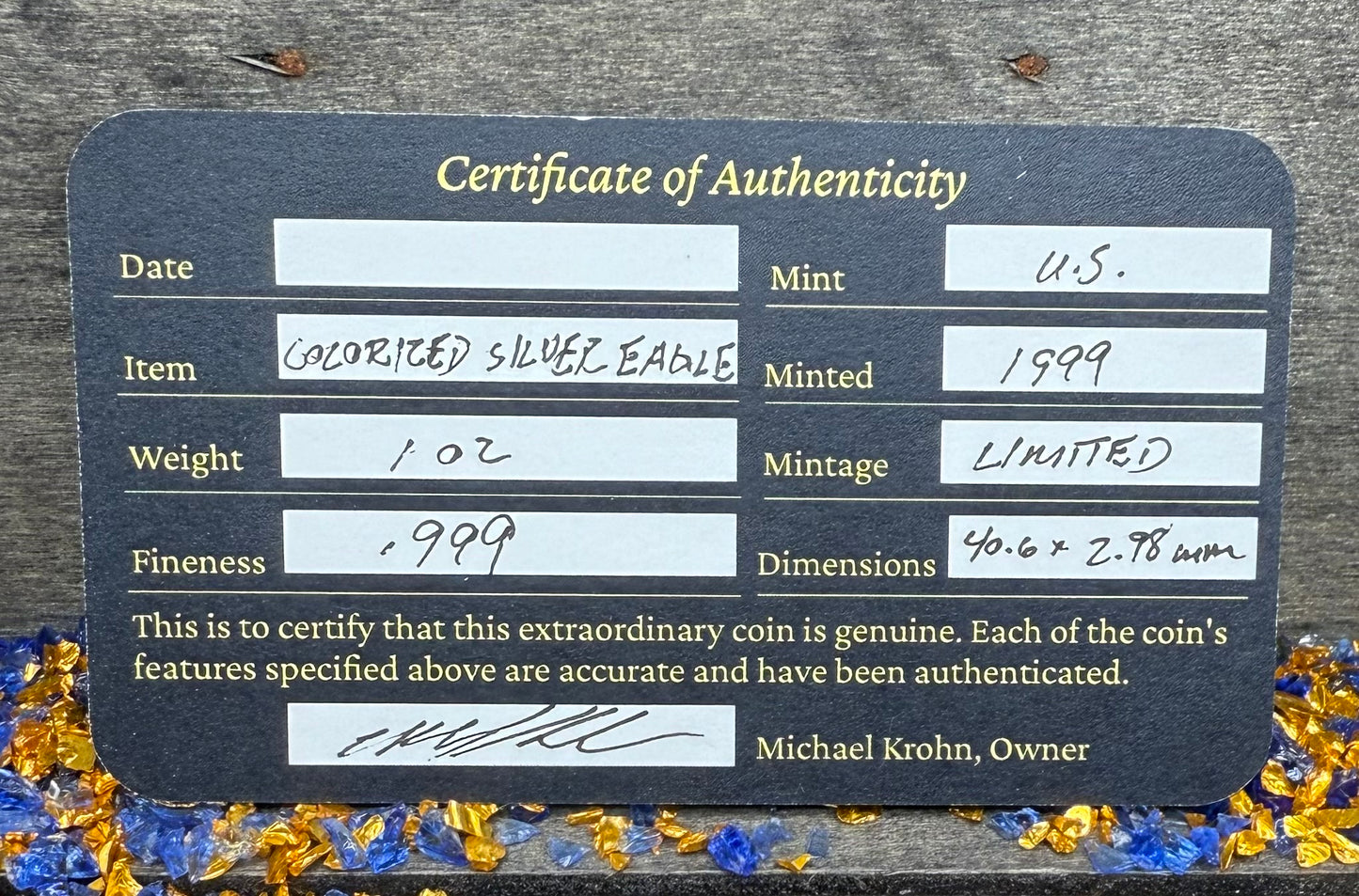 Colorized Hand Painted 1999 $1 American Silver Eagle Coin Brilliant Uncirculated Excellent Condition Satin Finish Includes New Capsule, COA, Coin Box & Wooden Treasure Box